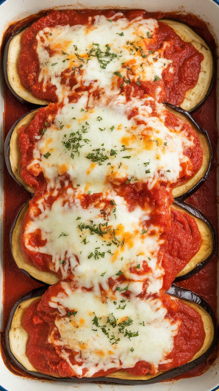 A delicious serving of baked eggplant parmesan, featuring layers of eggplant, tomato sauce, and melted cheese.