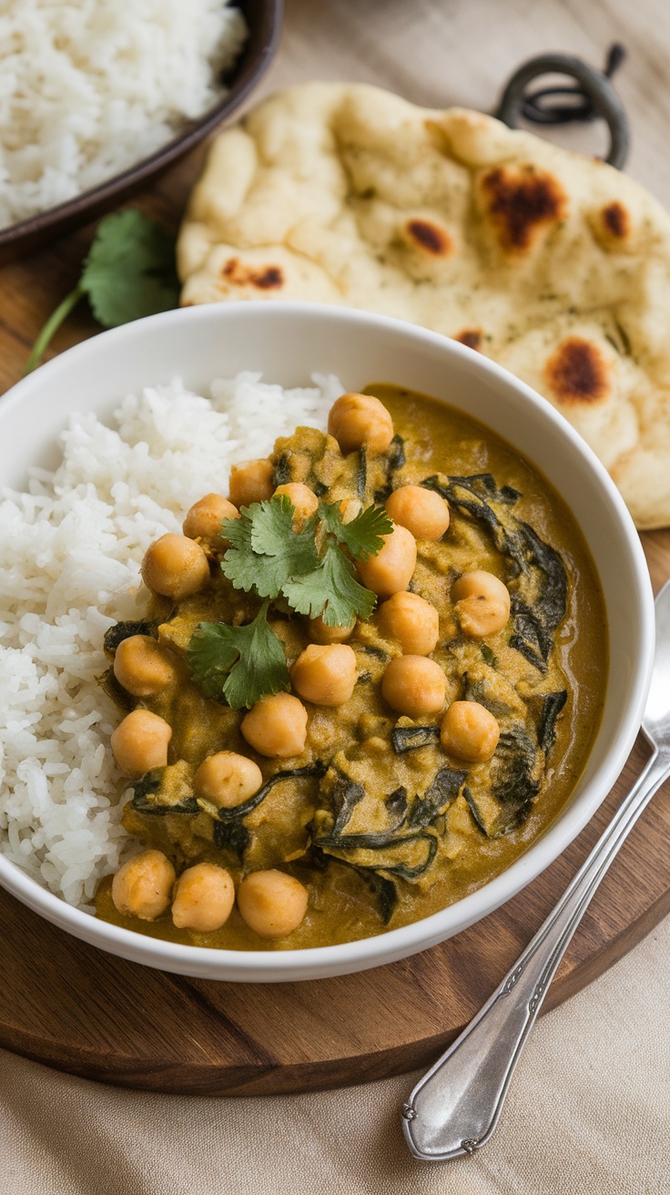 A bowl of chickpea and spinach curry served with rice and naan.