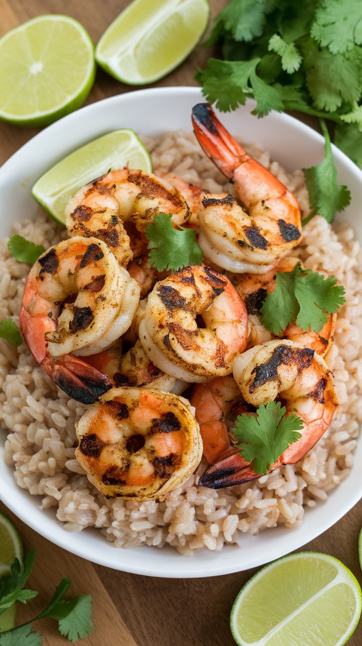 Cilantro Lime Shrimp served on brown rice with lime and cilantro garnishes