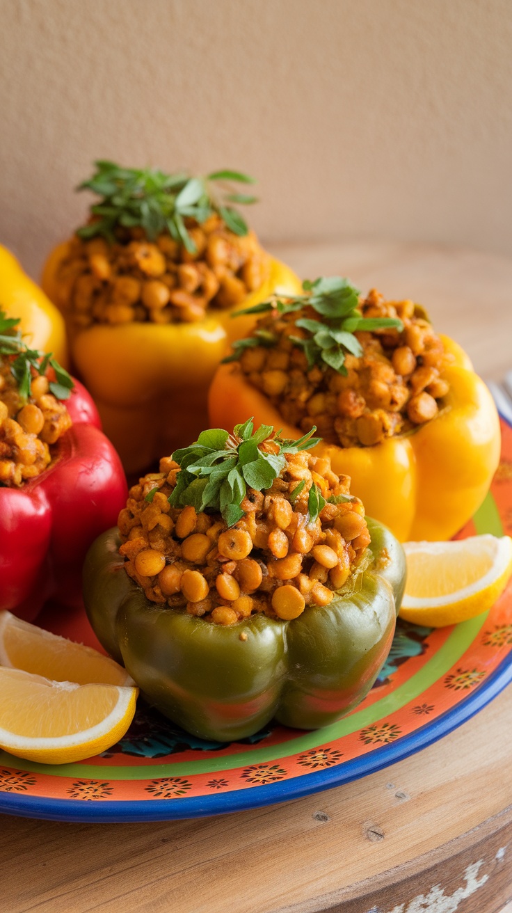 Curry lentil stuffed peppers on a colorful plate with lemon slices.