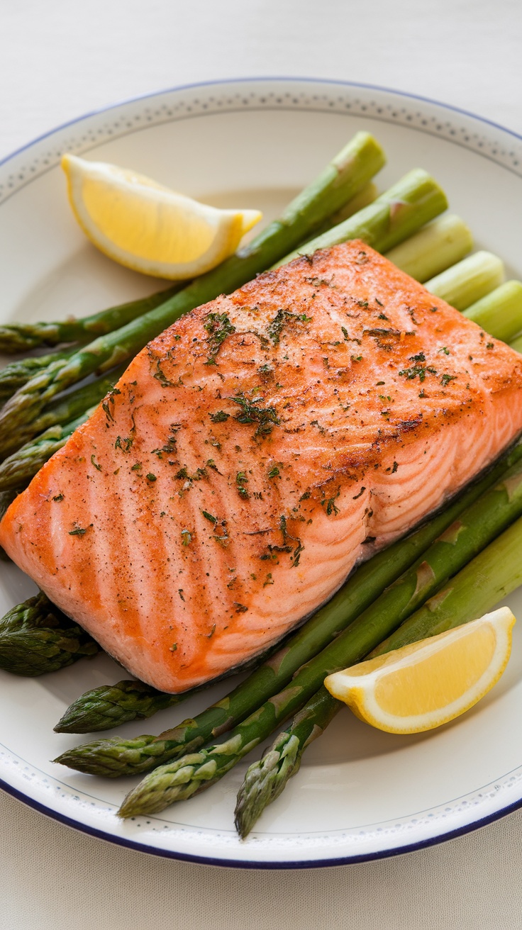 A beautifully plated dish of garlic herb salmon with asparagus and lemon wedges.