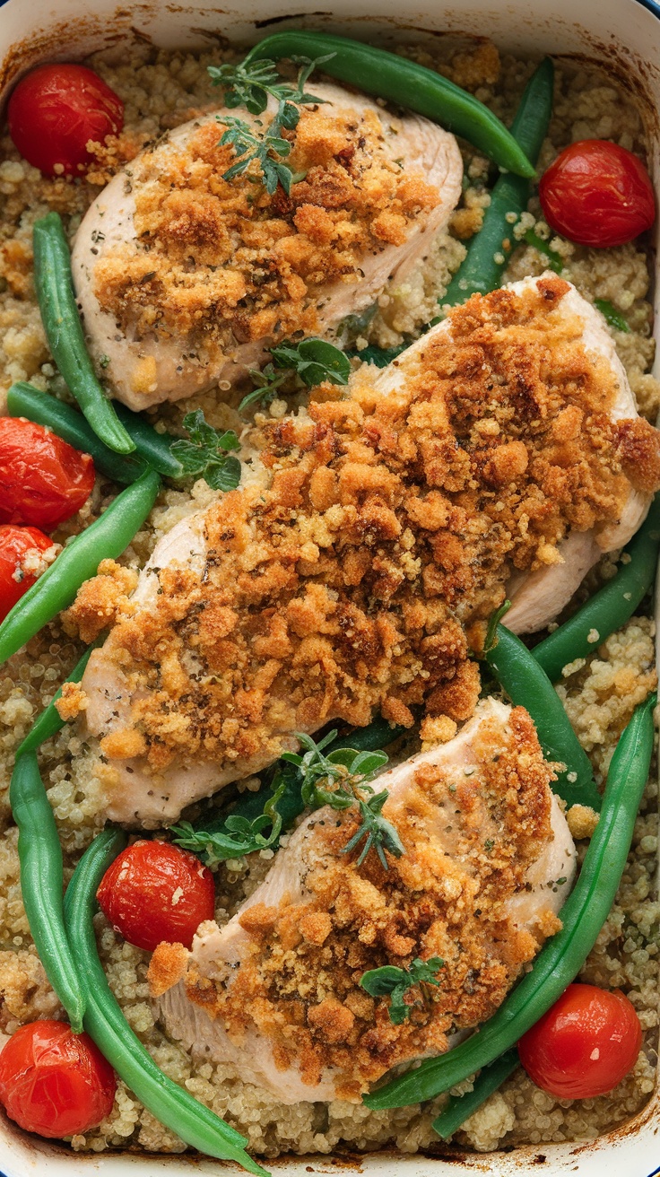 A dish of herbed chicken and quinoa bake with green beans and cherry tomatoes.