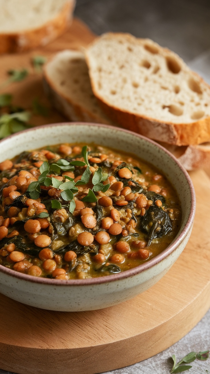 A bowl of lentil and spinach stew garnished with herbs, served with slices of bread.