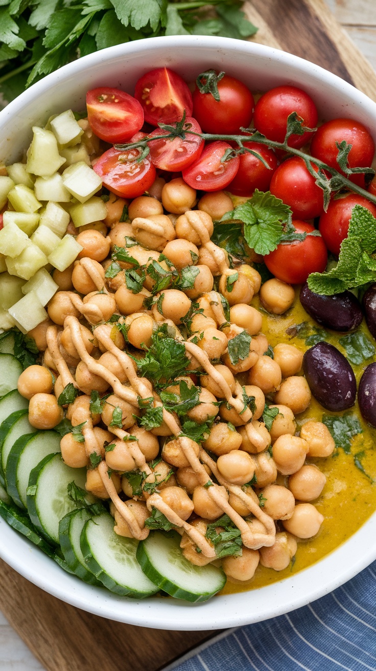 A colorful Mediterranean chickpea bowl with fresh vegetables and tahini dressing.