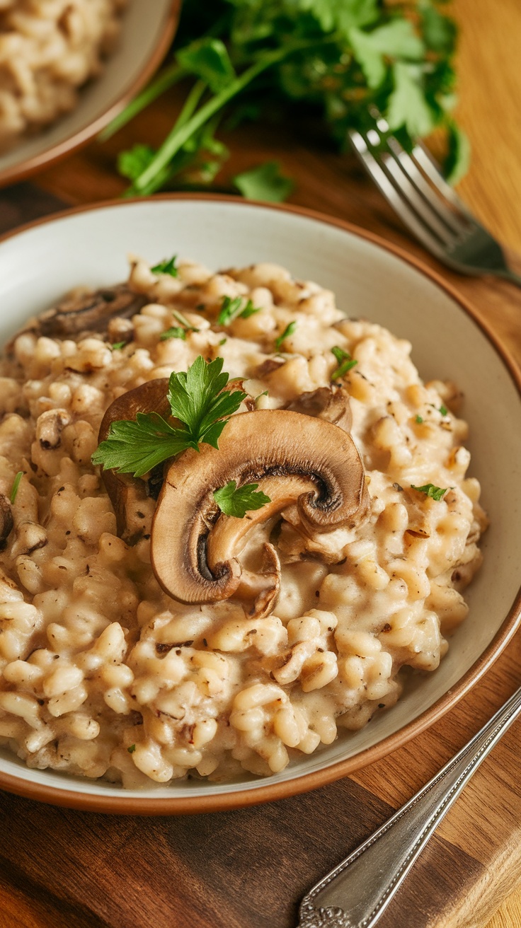 A bowl of creamy mushroom and barley risotto garnished with parsley