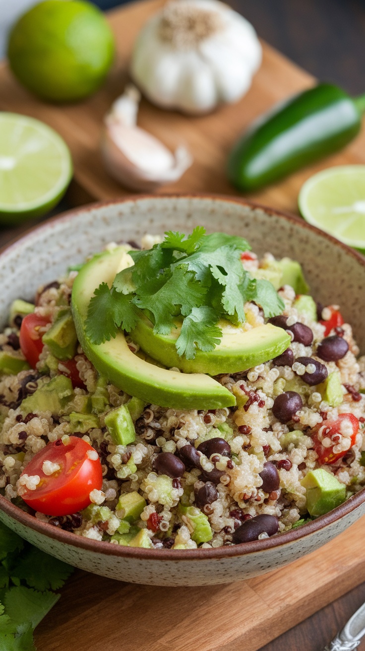 A bowl of quinoa and black bean salad topped with avocado and cilantro.