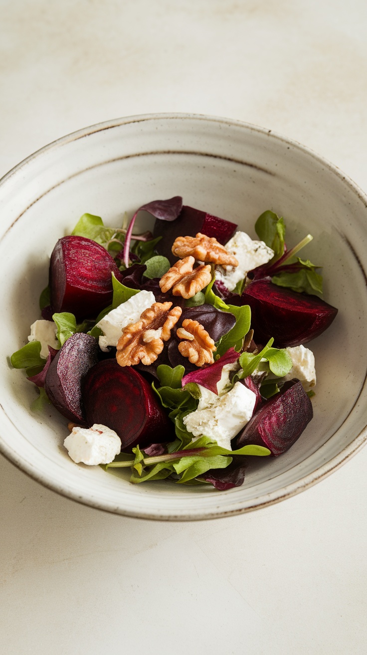 A colorful salad featuring roasted beets, goat cheese, and walnuts on mixed greens.