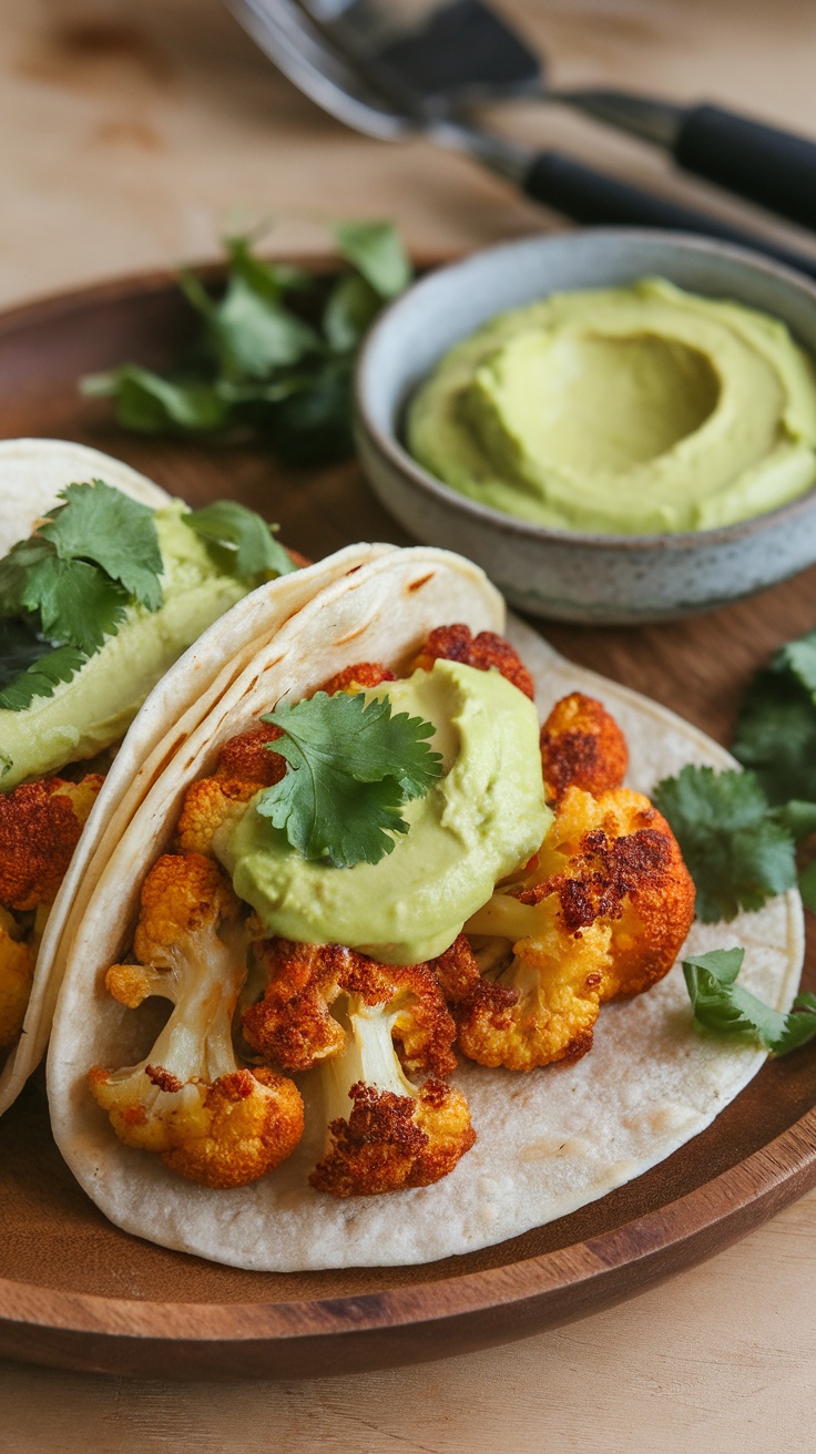 Spicy roasted cauliflower tacos served with avocado and cilantro