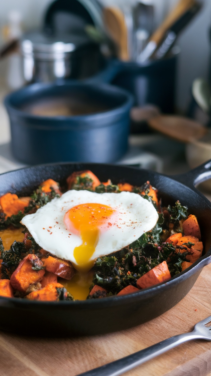 A colorful dish featuring sweet potatoes and kale, topped with a perfectly cooked egg.