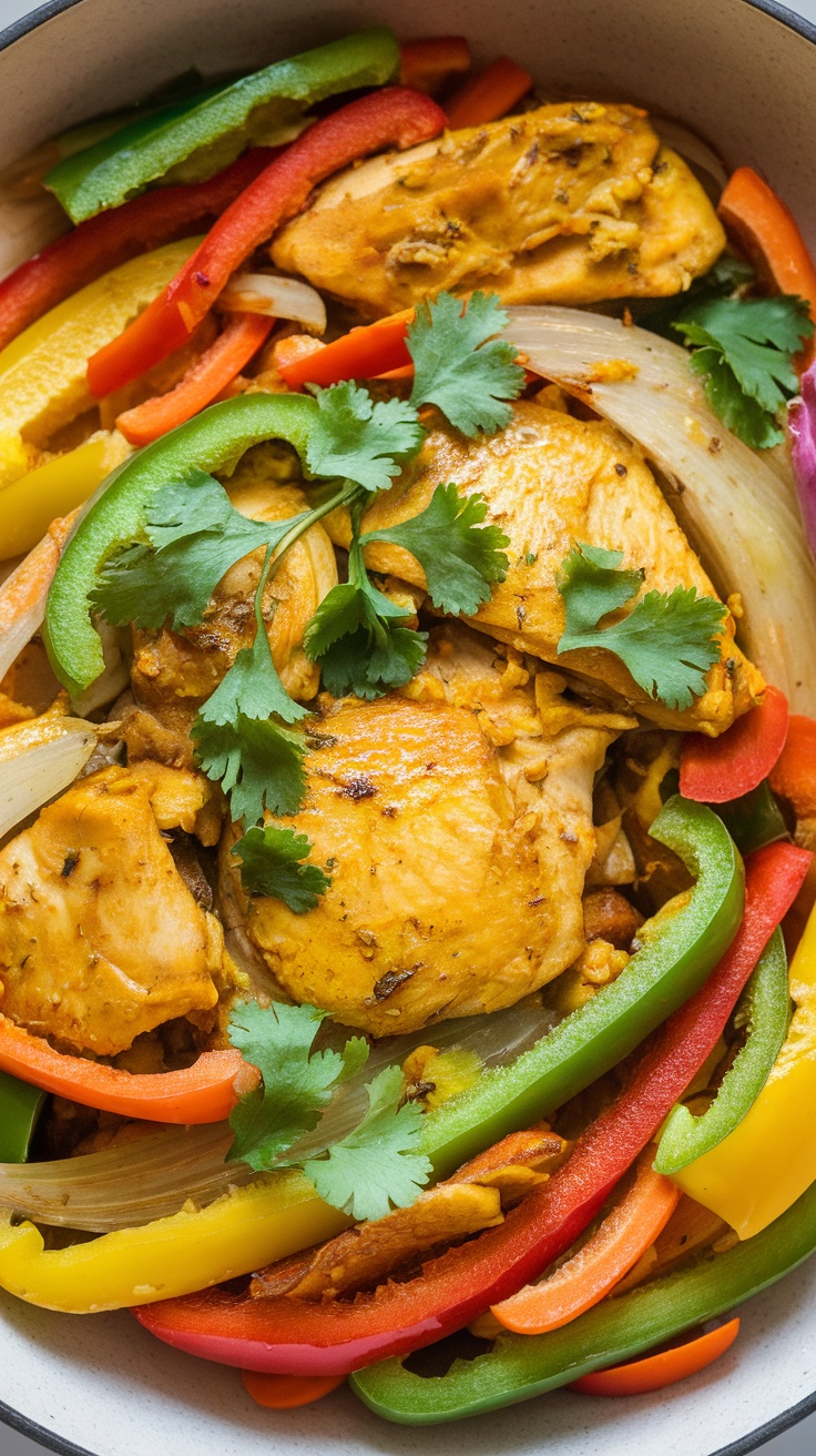 A vibrant stir-fry dish featuring turmeric ginger chicken with mixed bell peppers and onions.