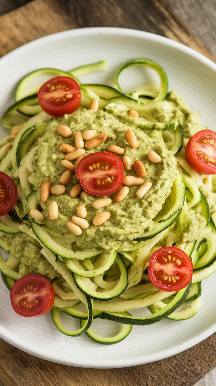 Zucchini Noodles with Avocado Pesto topped with cherry tomatoes and pine nuts.