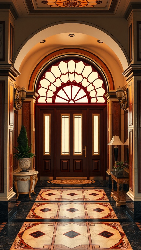 Elegant Art Deco entryway featuring geometric tiles, wooden door with glass panels, and decorative accents