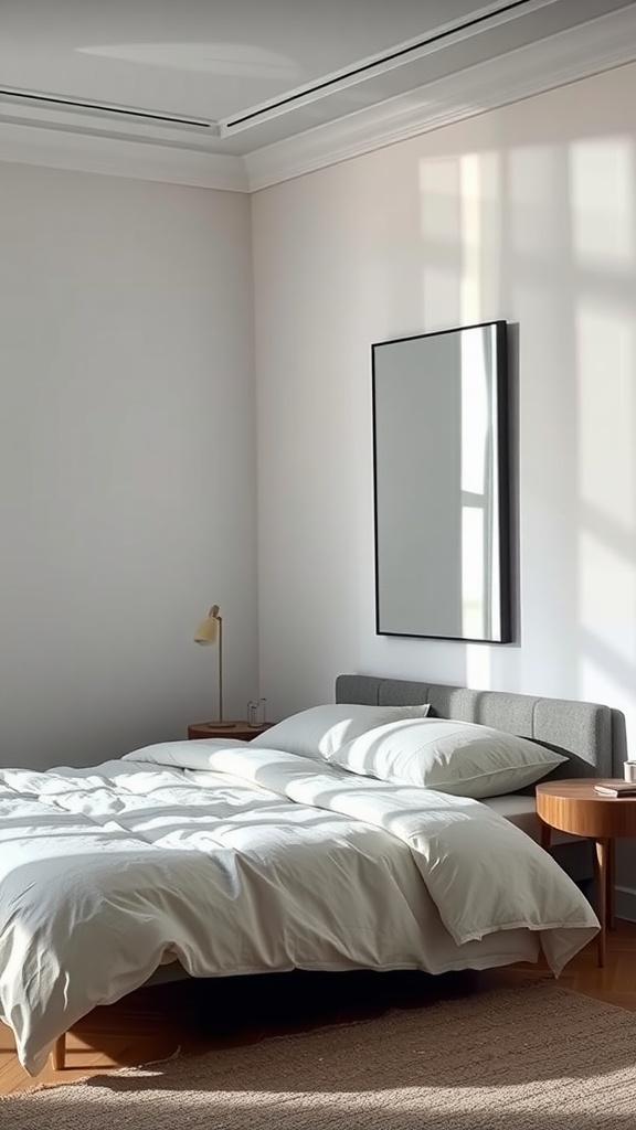 Minimalist bedroom featuring a large mirror, a simple bed with white linens, and warm wooden furniture.