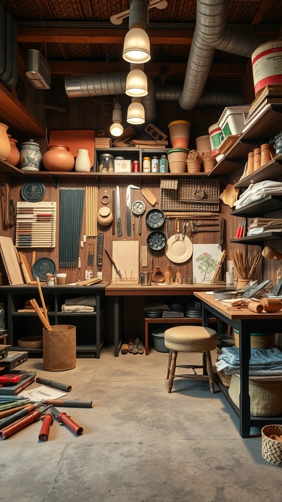 Interior of an artisan craft workshop filled with tools, materials, and handmade items.