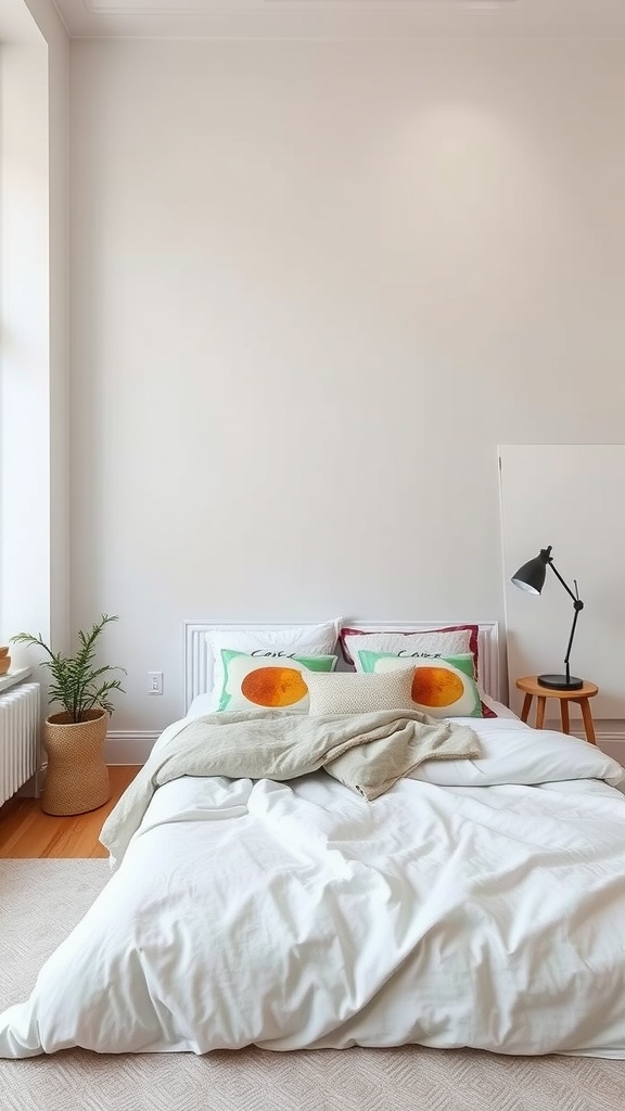 A minimalist bedroom featuring white bedding, colorful pillows with fruit designs, and a cozy throw blanket.