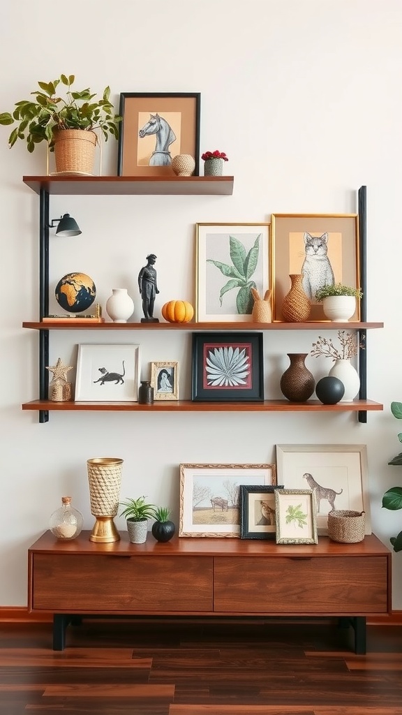 Artistic shelving unit with frames, plants, and decorative items on display.