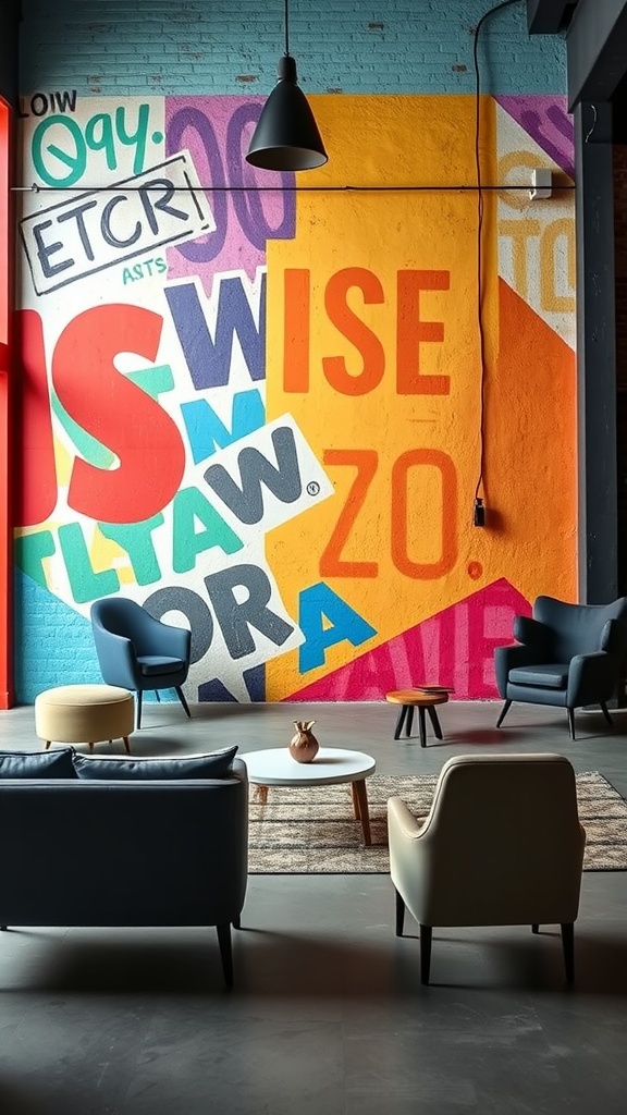 A vibrant wall mural featuring bold typography and colors in an industrial loft setting with modern furniture.