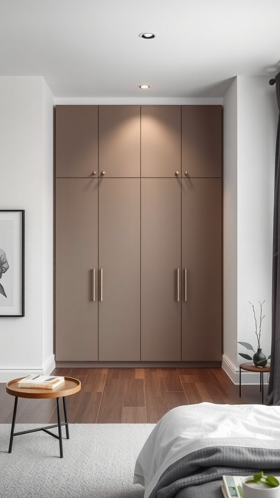 A minimalist bedroom with a sleek, modern wardrobe and wooden flooring.