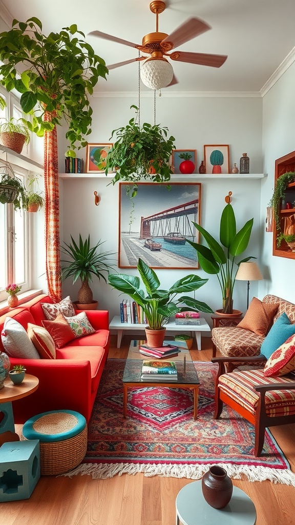 A Bohemian Chic Living Room with a bright red sofa, various plants, and colorful decor.