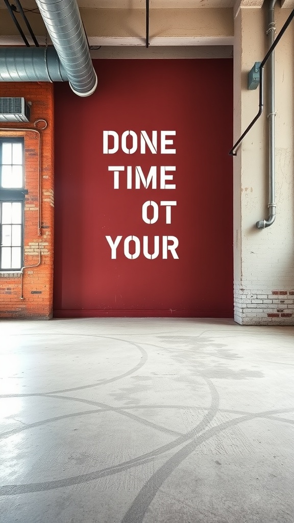 Industrial loft with a bold red accent wall featuring large white text.