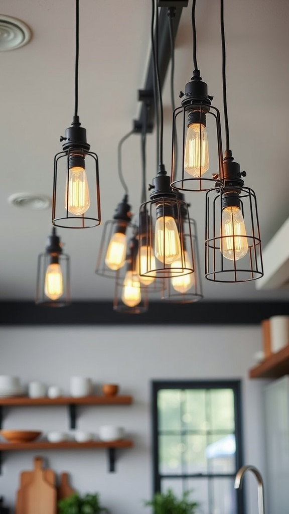 A cluster of caged pendant lights with glowing bulbs hanging from the ceiling in a modern kitchen setting.