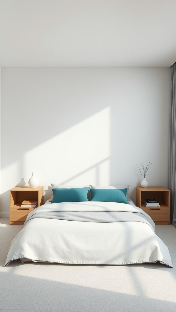 Minimalist bedroom featuring white walls, a bed with teal accent pillows, and wooden nightstands