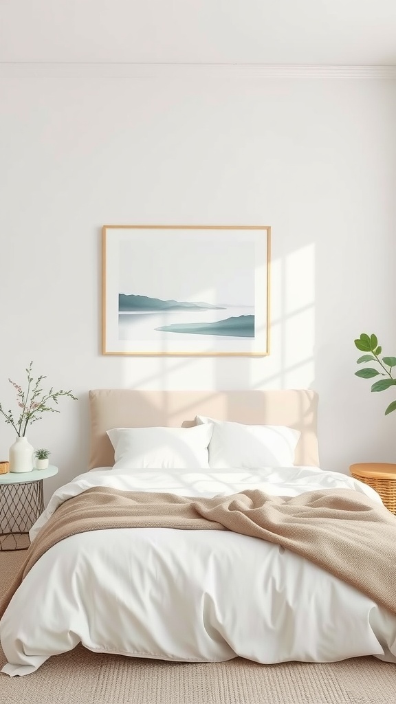 Minimalist bedroom with calming landscape artwork above a soft bed