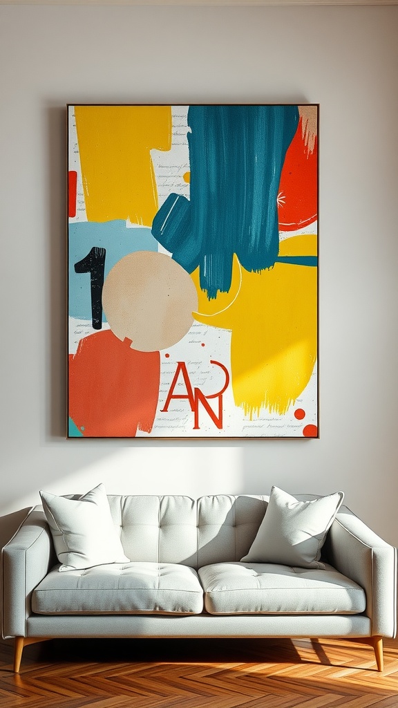 An abstract canvas art piece with bold colors hanging above a modern couch.