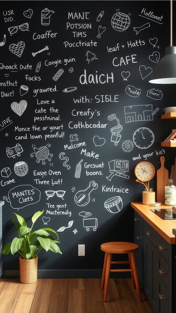 A chalkboard wall filled with various doodles and phrases in a cozy kitchen setting.