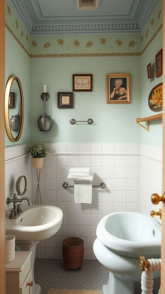 A vintage-inspired bathroom with green walls, floral decor, and classic fixtures, creating a charming and relaxing atmosphere.