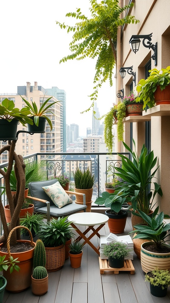 A cozy urban balcony garden filled with various plants and a comfortable seating area.