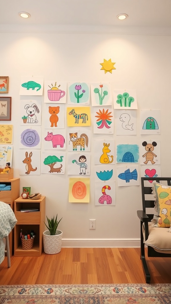 Colorful children's drawings displayed on a wall with a cheerful sun decoration.