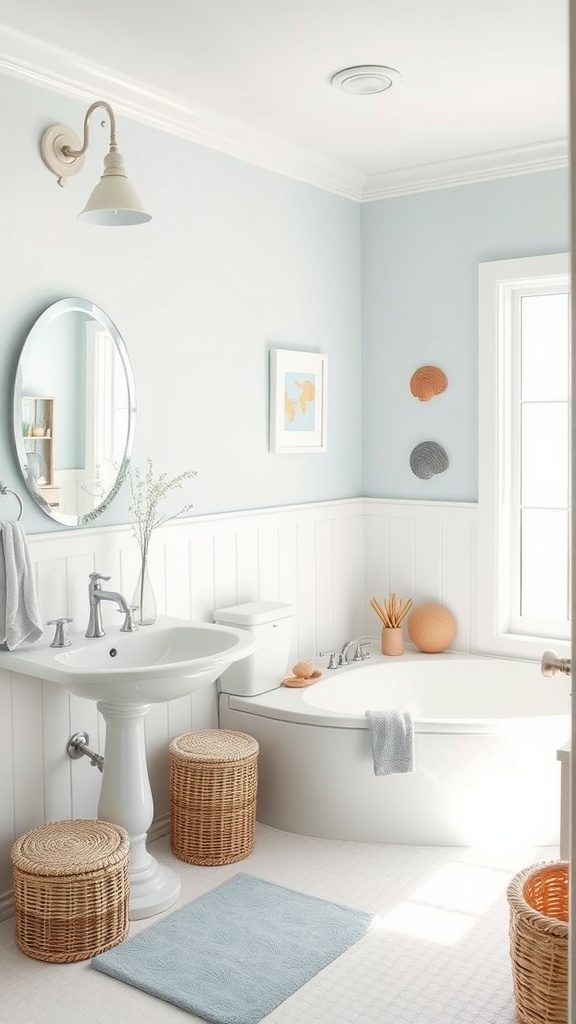 Coastal inspired bathroom with light blue walls, a round mirror, white fixtures, and natural woven baskets.