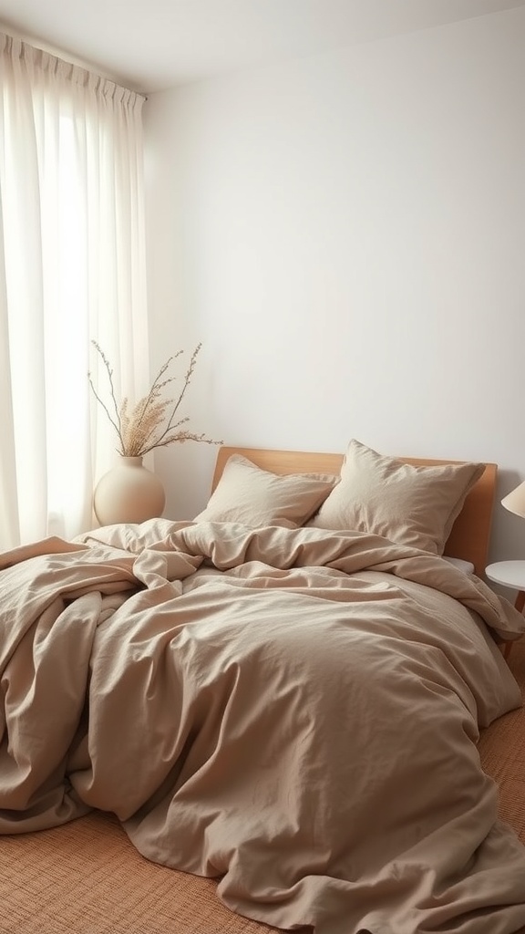 Minimalist bedroom with neutral bedding and soft curtains, creating a cozy atmosphere.