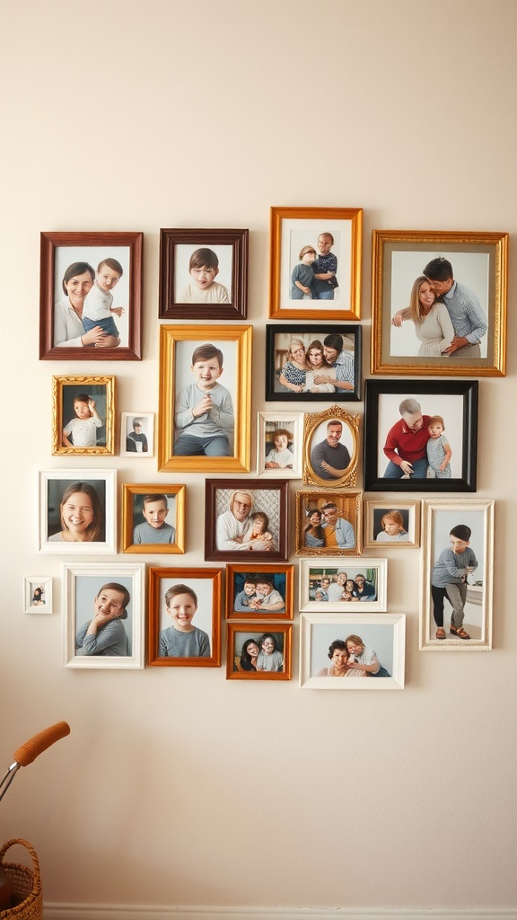 A collage of family photos displayed in various frames on a wall.