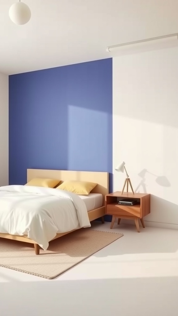 Minimalist bedroom featuring color blocking with a blue wall and neutral decor.