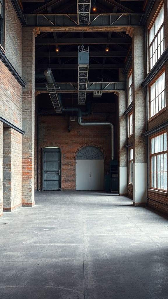 An industrial loft interior showing brick walls, large windows, and exposed beams.