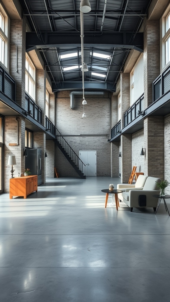 Interior of an industrial loft with polished concrete flooring and large windows