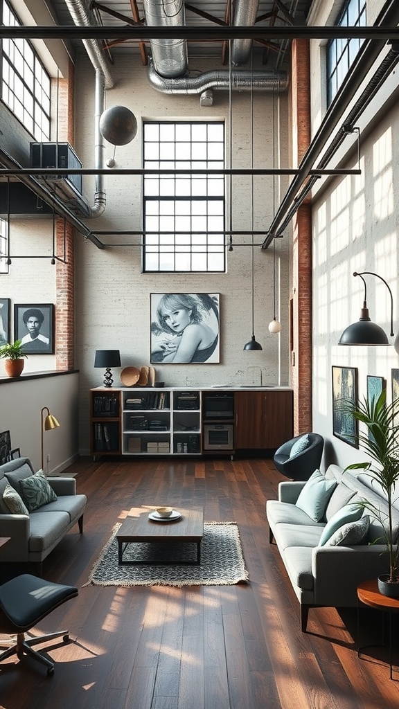 A spacious contemporary urban loft with high ceilings, large windows, modern furniture, and industrial design elements.