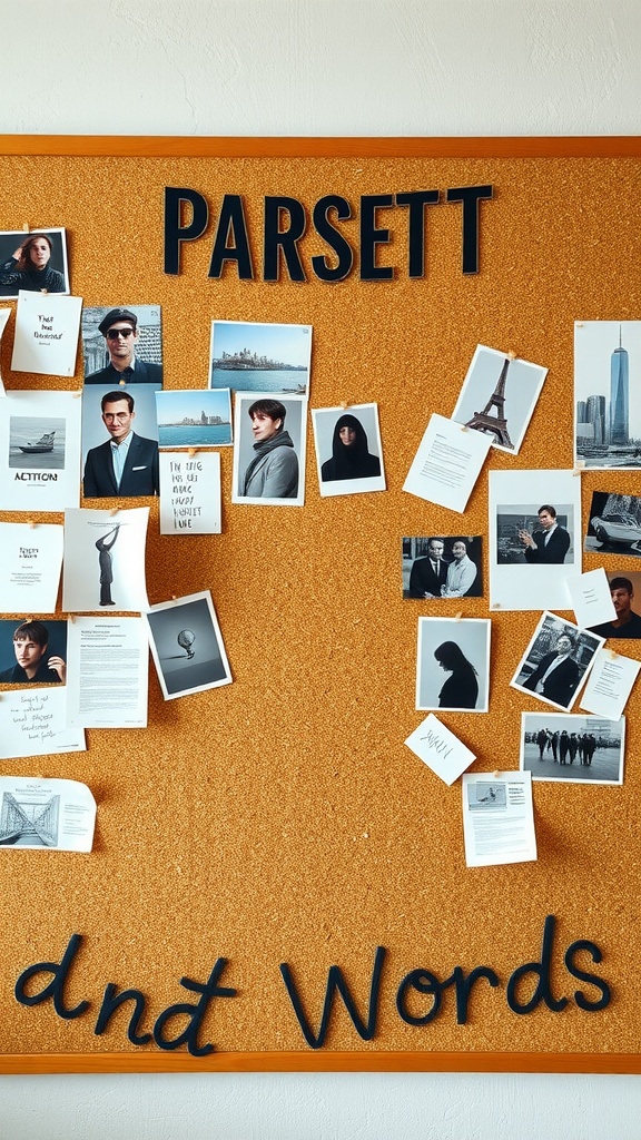 A corkboard displaying photos, quotes, and the name 'PARSETT', with a warm cork texture in the background.