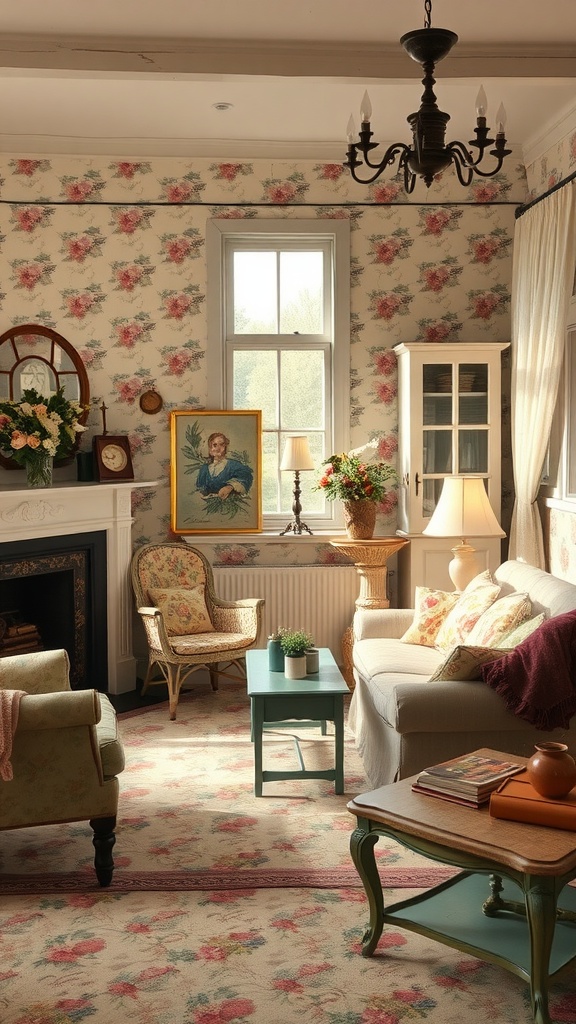 A cozy living room featuring floral wallpaper, vintage furniture, and a soft color palette.