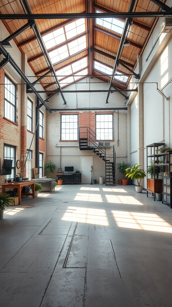 A spacious industrial loft with high ceilings and large windows, featuring a workspace and plants.