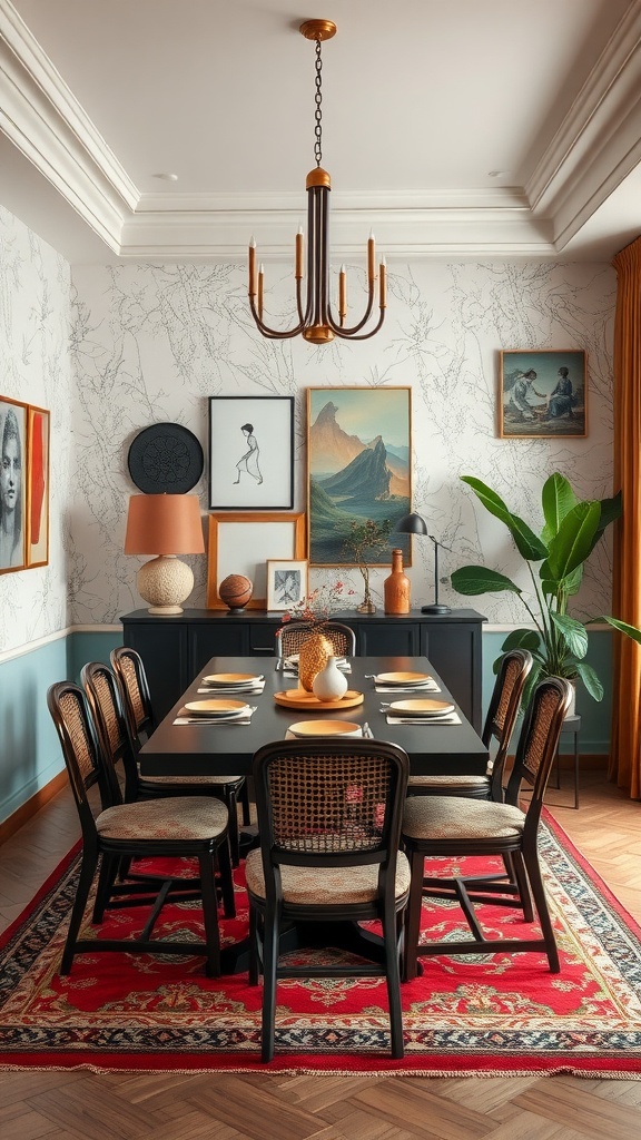 A cultural fusion dining room featuring a long table, eclectic chairs, and various artworks, complemented by a rich red rug and greenery.