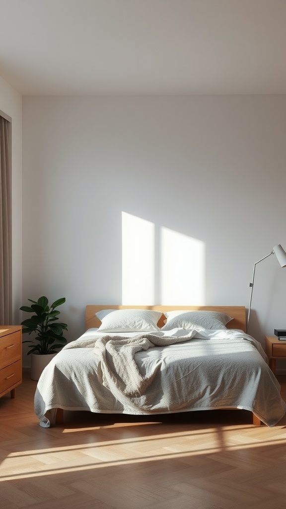 A minimalist bedroom featuring a bed, bedside table, and a plant, with light streaming in from a window.