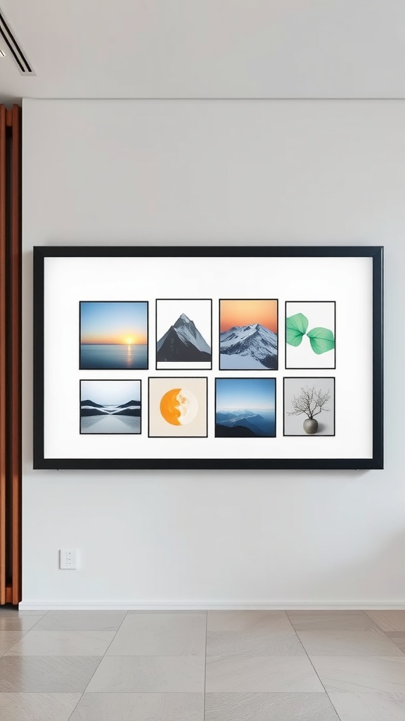 A digital art frame displaying a collage of nine different images, including landscapes and artistic designs.
