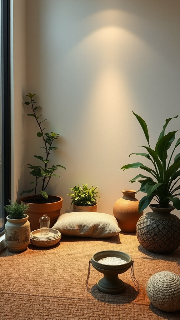 A cozy meditation corner with potted plants, cushions, and clay pots, designed for relaxation.