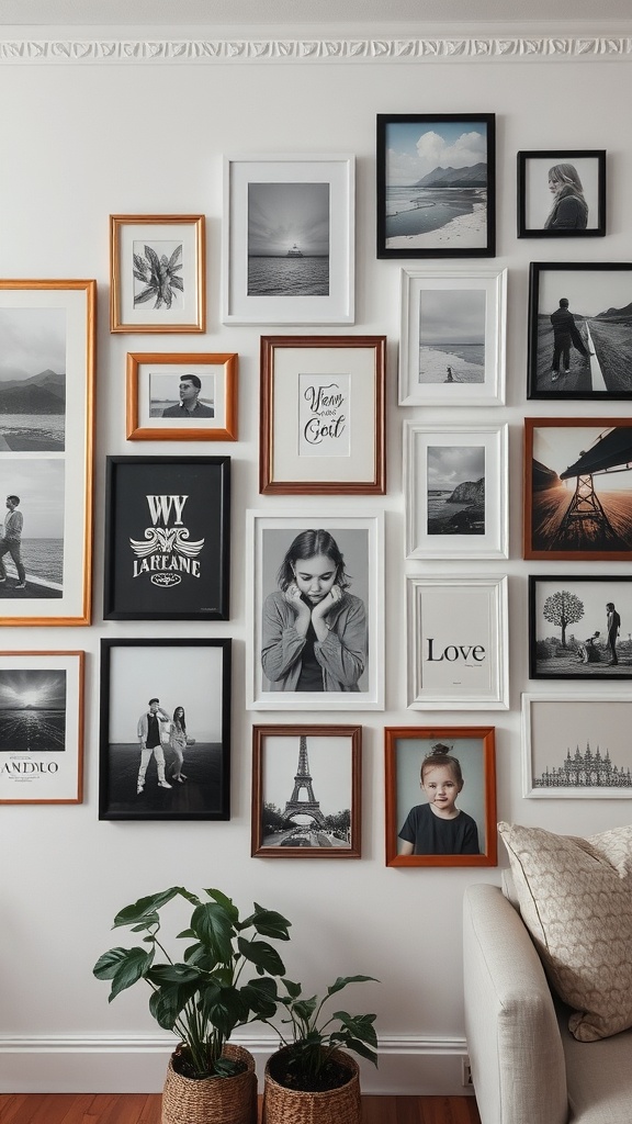 An eclectic gallery wall featuring a mix of framed photos and art in various styles and colors.