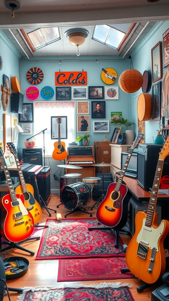 An eclectic music studio filled with guitars, a piano, and various musical decorations on the walls.