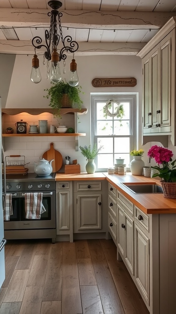 A cozy French country kitchen featuring rustic wooden counters, open shelving with plants, and a vintage chandelier.