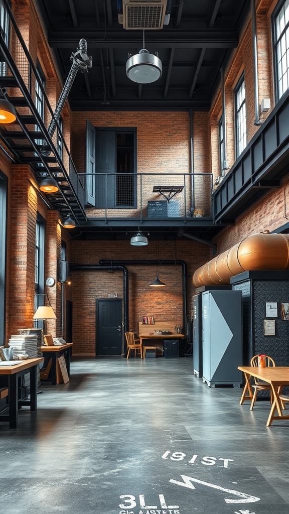 Interior view of a factory-inspired loft with exposed brick, metal beams, and industrial lighting.